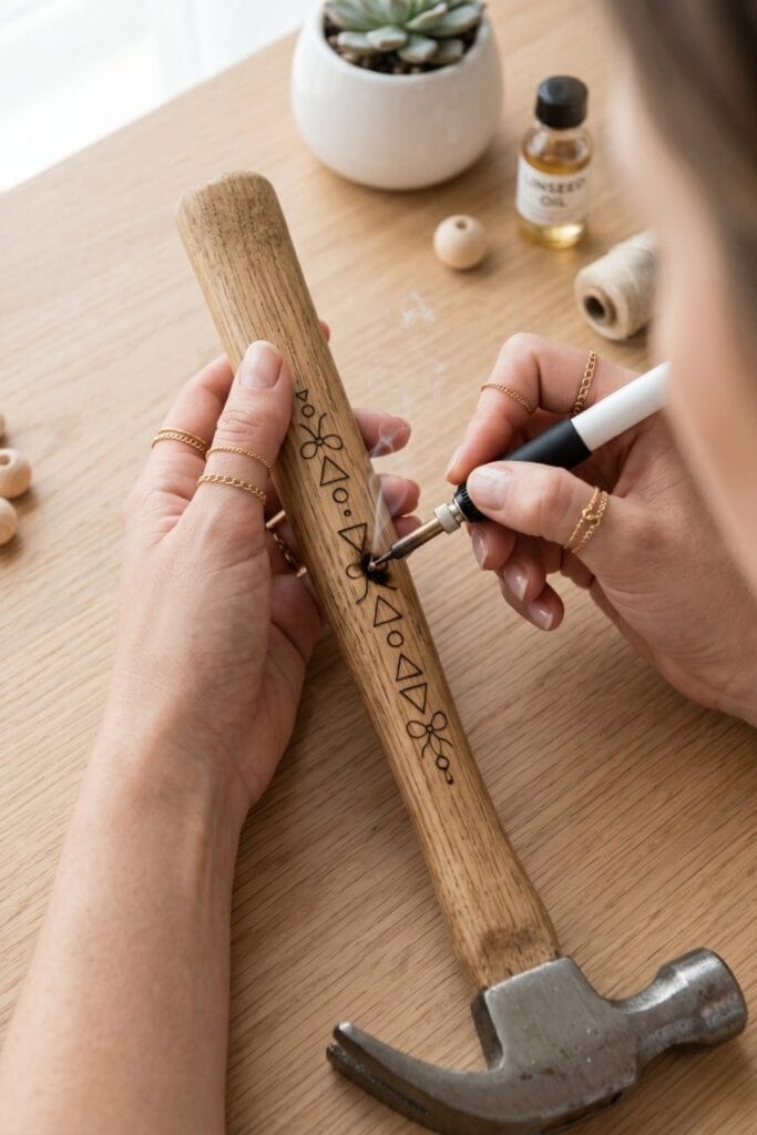 Female artisan hands using a wood-burning tool to engrave an oak hammer handle for Father's Day crafts.
