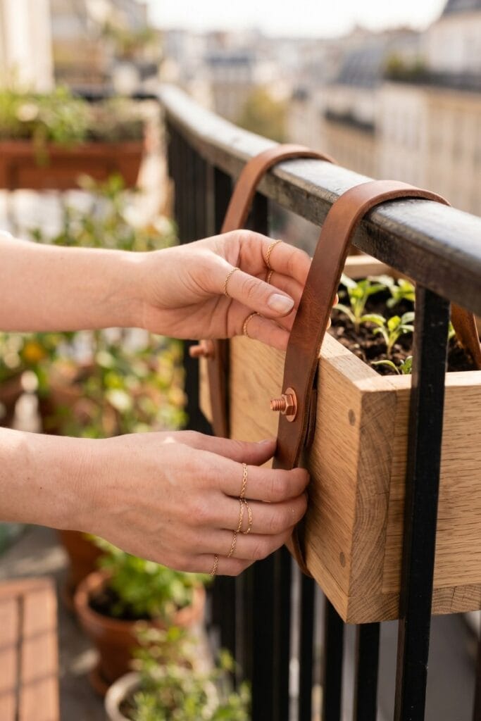 Female artisan hands holding thick, weather-treated scrap leather belts that are suspending a completed raw oak wooden planter box over a balcony railing.
