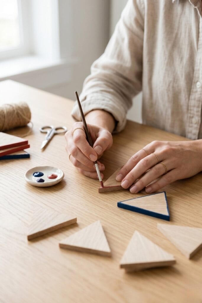 Female artisan hands painting red and blue edges on wooden triangles for 4th of July crafts.