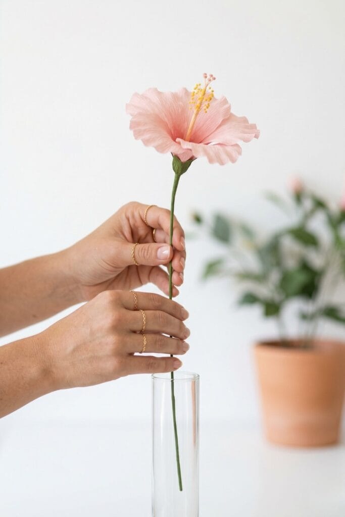 Close-up of female artisan hands placing a highly realistic completed single stem crepe paper hibiscus flower in a tall, slender clear glass vase.