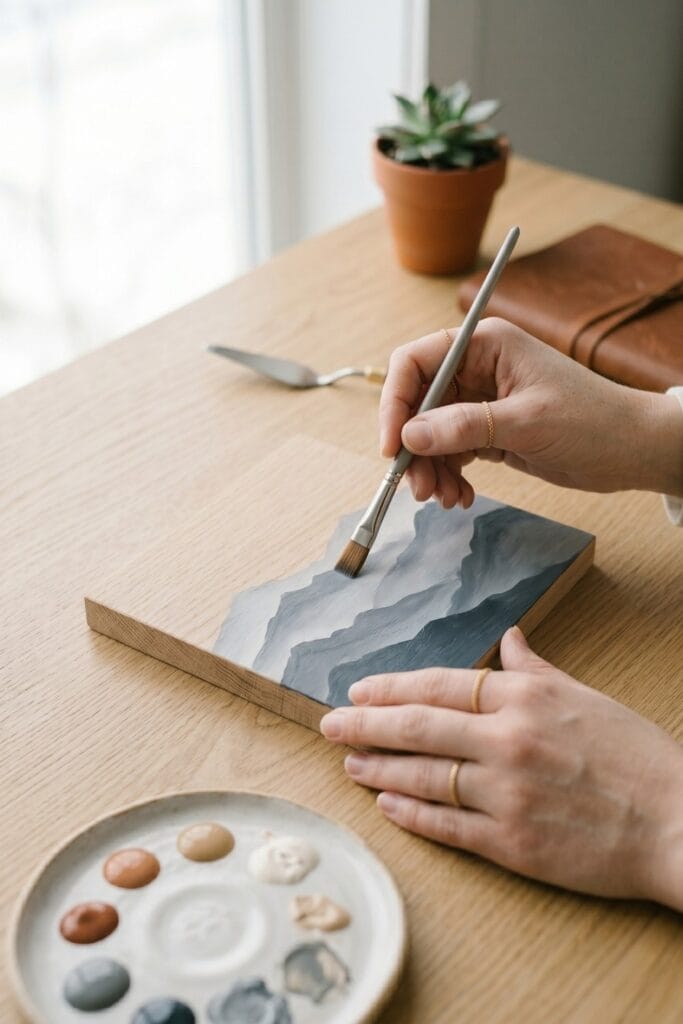 Female artisan hands using a natural hair brush to paint layered grey mountain silhouettes on wood for a rustic easy painting for beginners design.