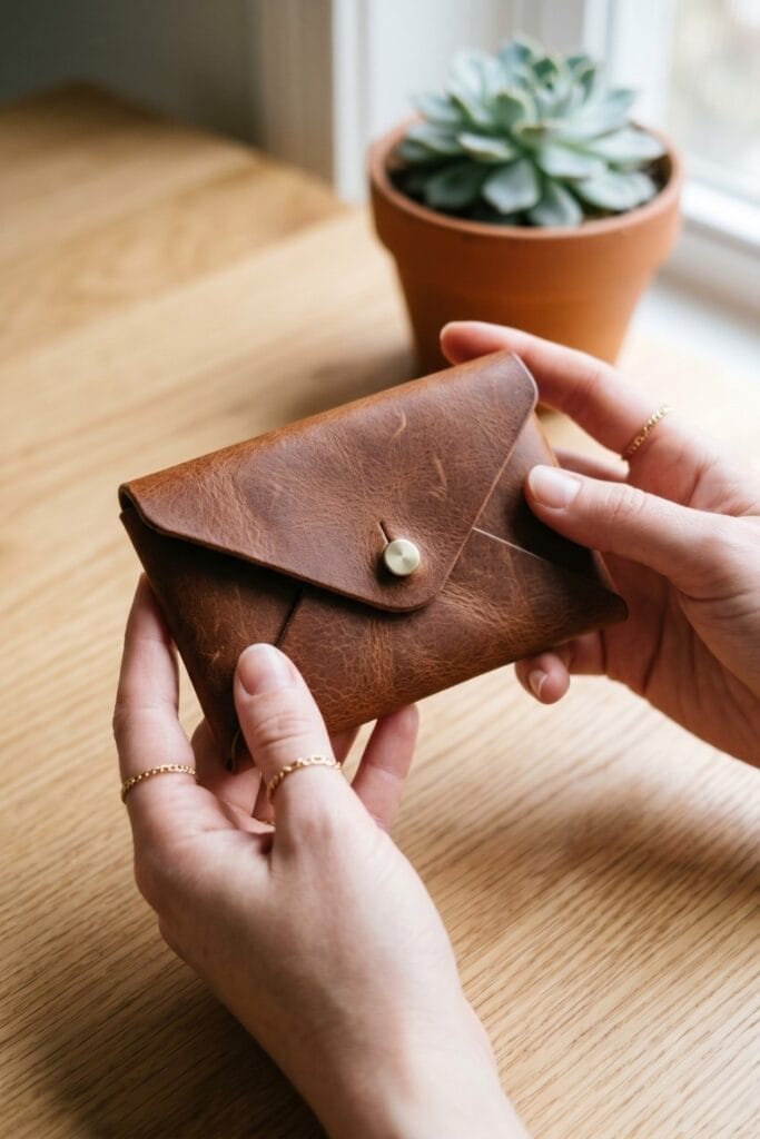Close-up of female artisan hands holding a completed minimalist stitch-free scrap leather envelope wallet closed with a brass Sam Browne stud.