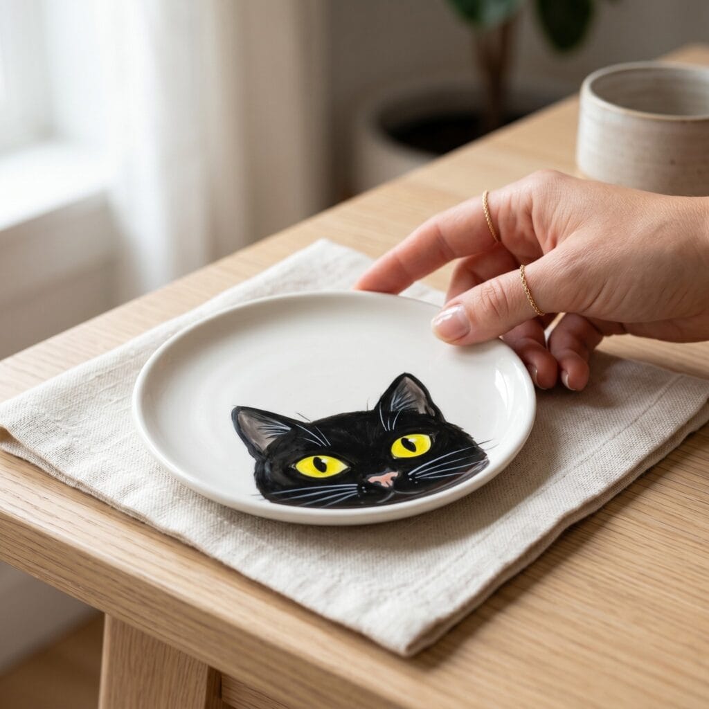 A close up photo of a small white ceramic dessert plate featuring a hand painted flat illustration of a playful black cat peeking from the bottom edge