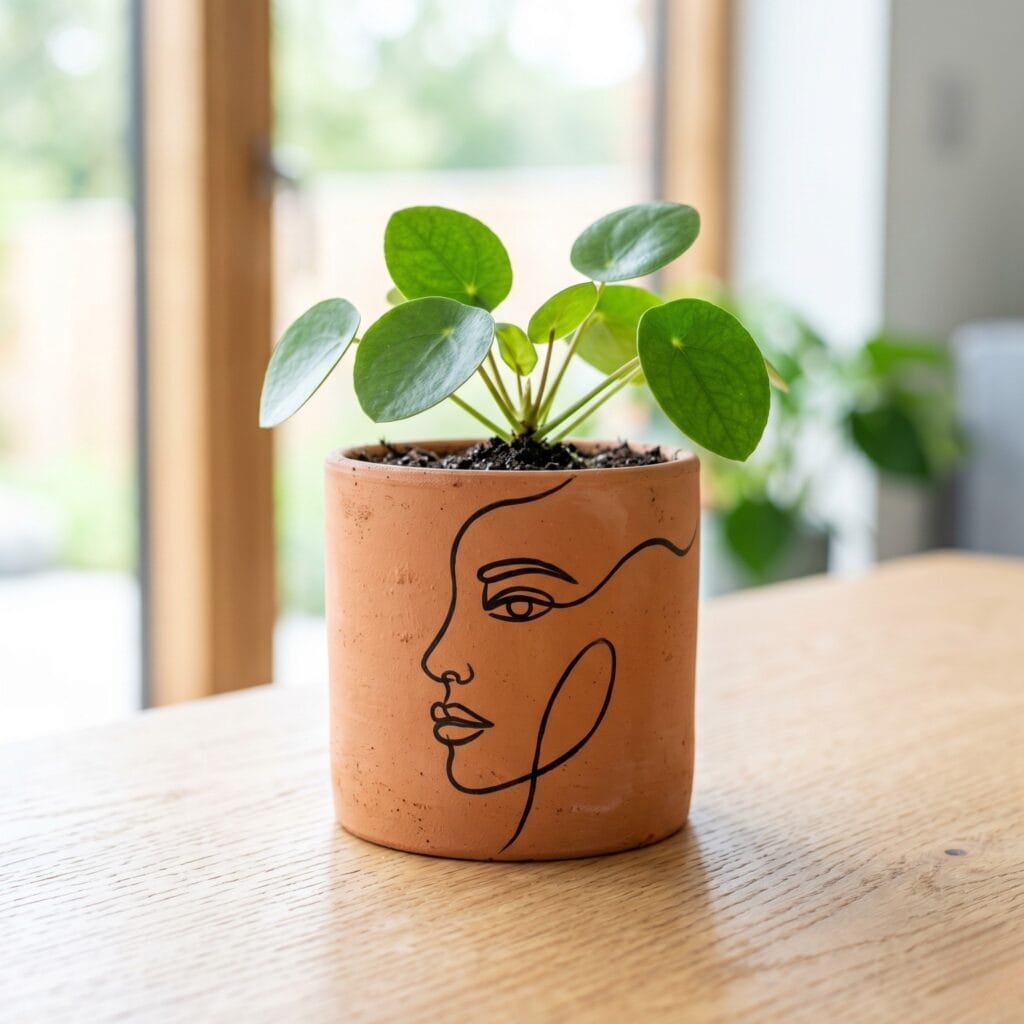 A minimalist Scandinavian style hand painted terracotta pot showing raw orange clay with a continuous black single-line face profile.