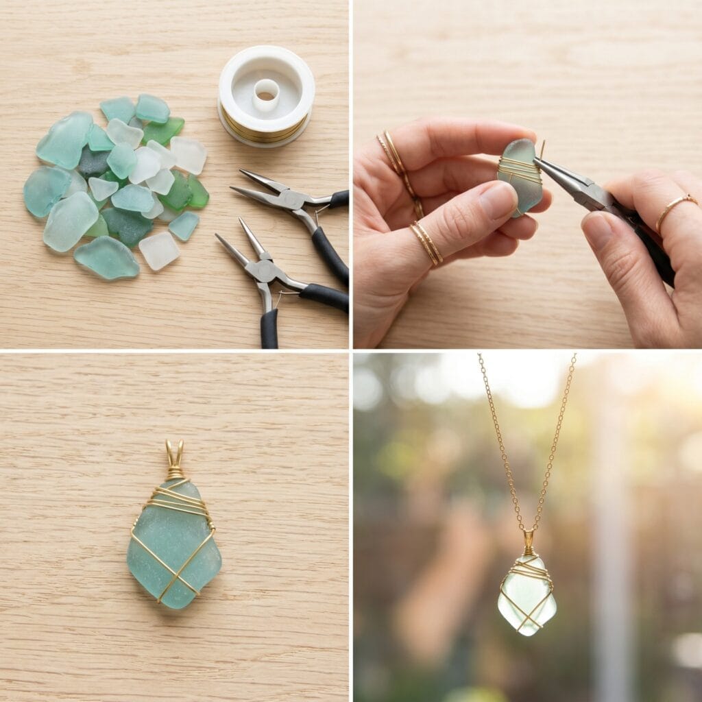 A perfectly square 1:1 photo grid tutorial showing the step-by-step DIY process of wrapping frosted sea glass with raw brass wire to make a pendant.