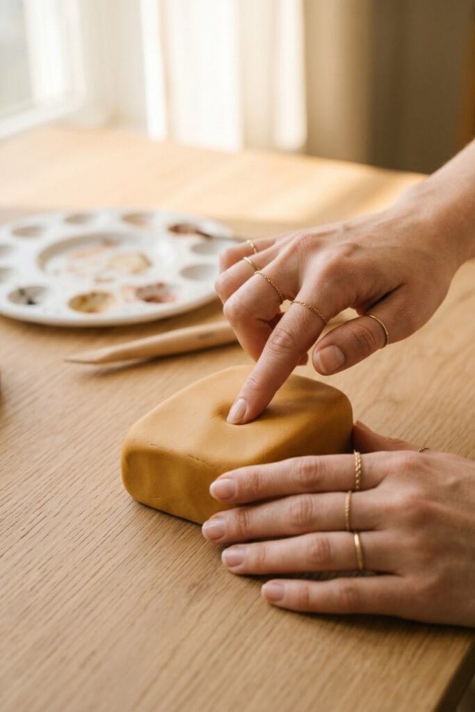 Close-up of female artisan hands gently pressing into a completed, smooth matte DIY squishy ideas creation: a molded shape of muted yellow silicone and cornstarch sensory dough.