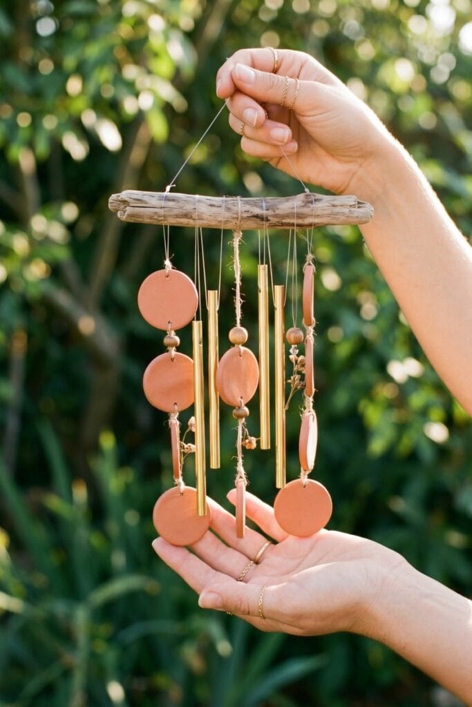 Female artisan hands holding up a completed outdoor wind chime made from driftwood, round terracotta clay discs, and raw brass tubes.