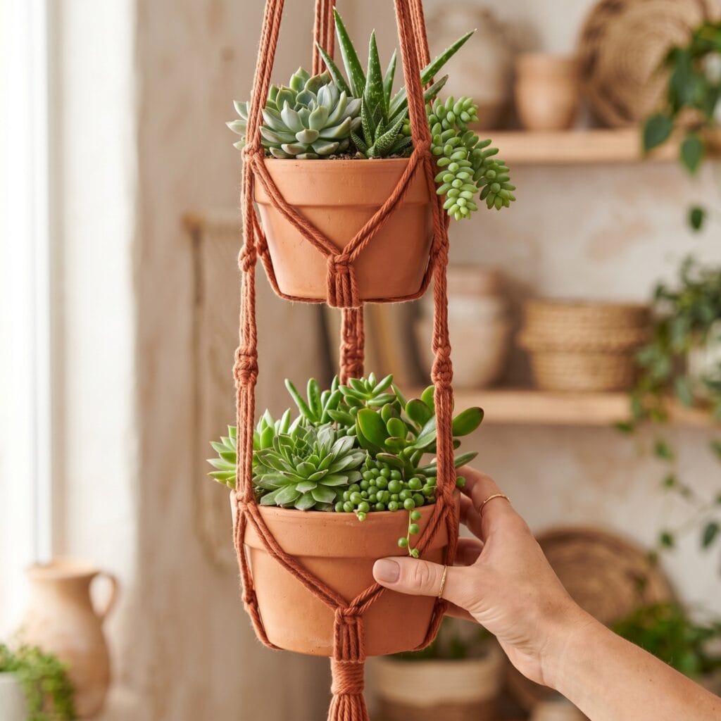 A two-tiered macrame plant hanger made of terracotta-toned cord holding two raw terracotta pots with succulents.