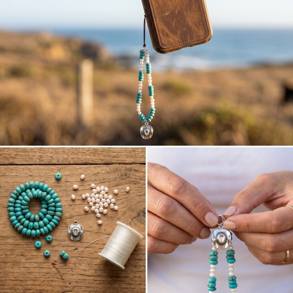 A 3-panel instructional photography collage showing genuine turquoise stone beads, freshwater seed pearls, and hands attaching a silver metal cowboy hat charm to complete a bohemian phone wristlet.