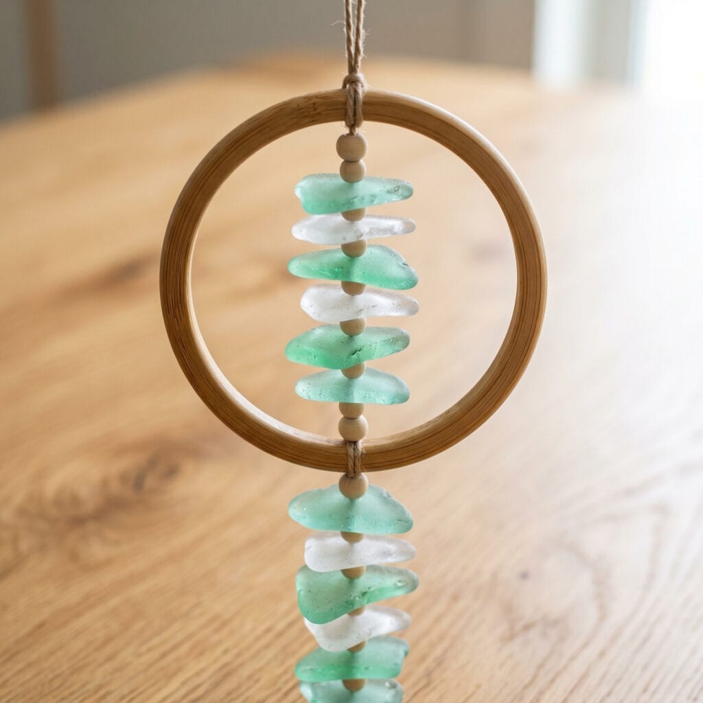 Minimalist modern wind chime featuring a bamboo ring and a single vertical strand of large frosted sea glass pieces.