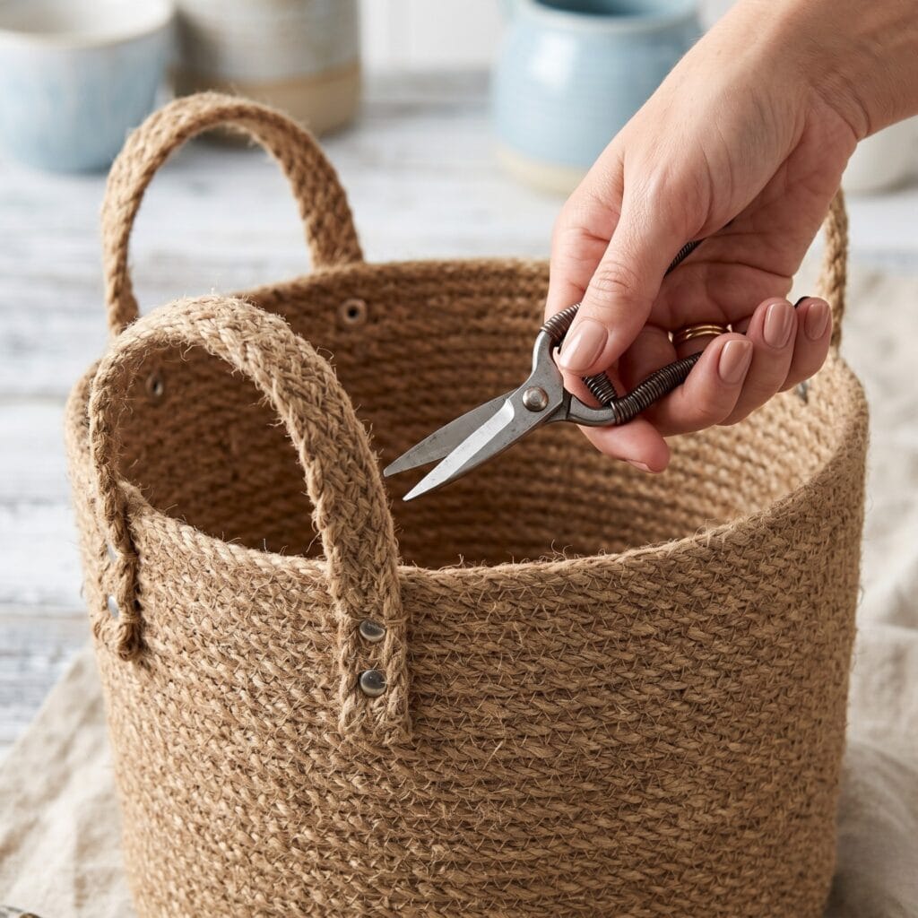 A heavy-duty rustic jute rope storage basket with two matching sturdy woven handles being trimmed with craft shears.
