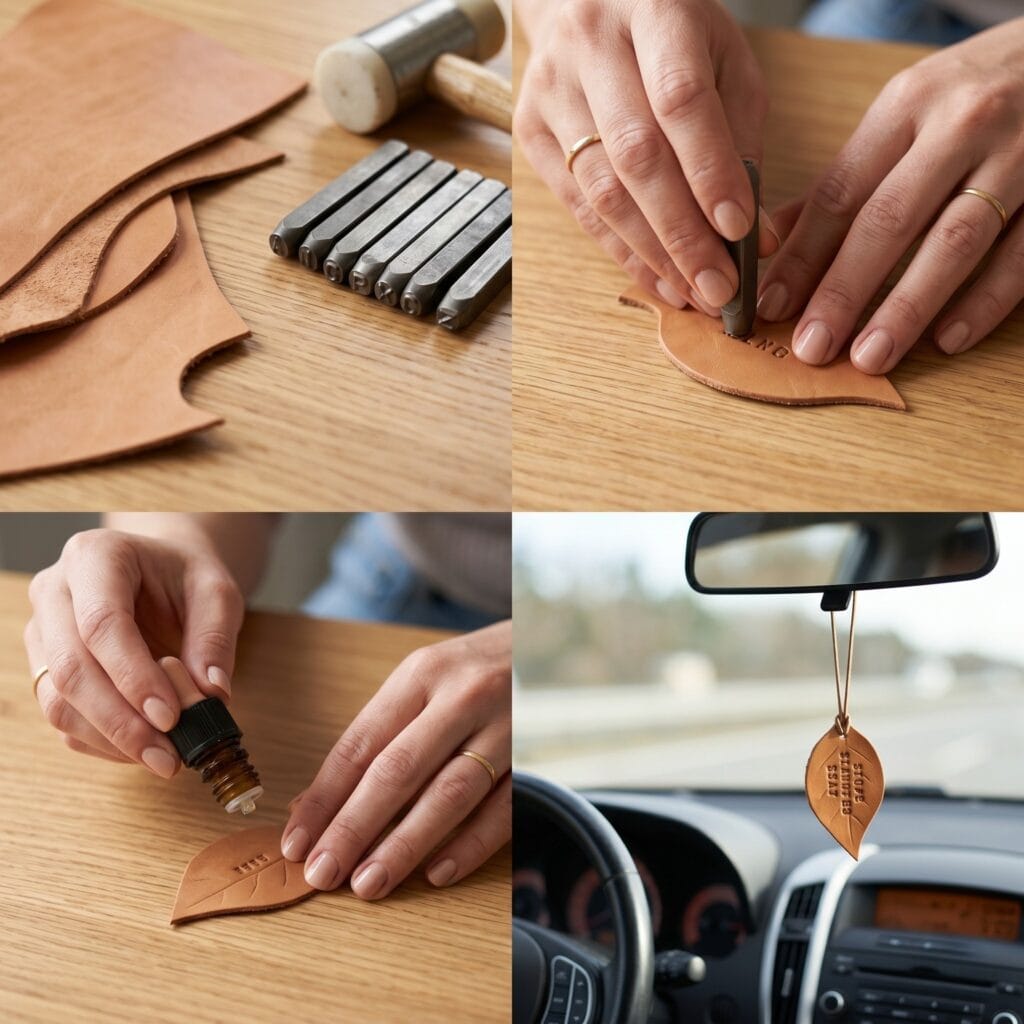 A 3-panel step-by-step photography of a stamped leather leaf diffuser charm, showcasing veg-tanned leather scraps, metal letter stamping by hand, and the finished leaf hanging from a rearview mirror.