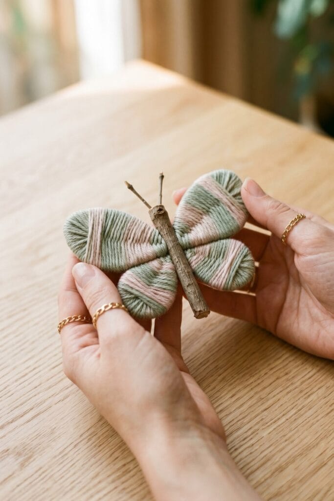 Female artisan hands displaying a completed spring daycare crafts project featuring natural twigs wrapped tightly with muted sage green and blush pink yarn to form elegant butterflies.
