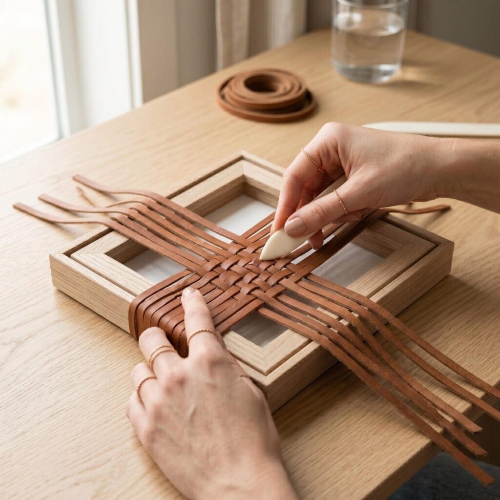 Woven raw leather strips stretched over a wooden frame for masculine DIY wall art decor