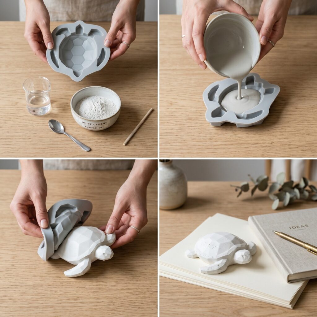 A perfectly square 2x2 photo grid showing the DIY process of casting a modern concrete sea turtle paperweight.