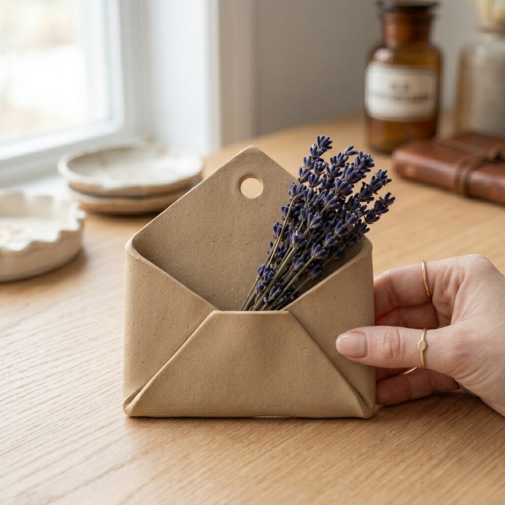 A single hand sliding dried lavender stems into a tan air dry clay pottery wall pocket folded precisely like a paper letter envelope.