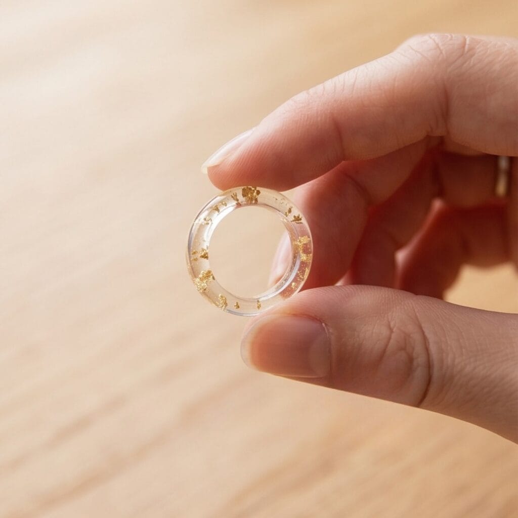 Hands adjusting a finished transparent UV resin ring with floating gold flakes inside a ceramic dish.