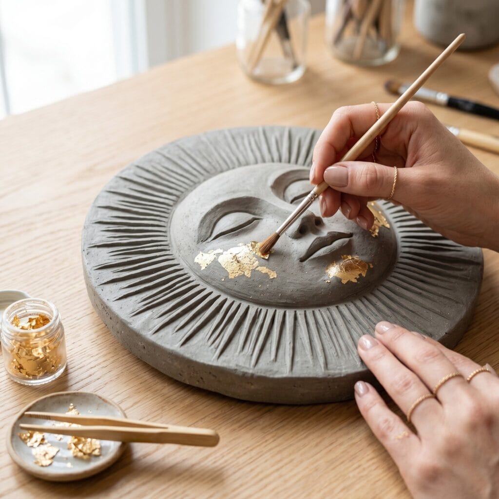 A manicured hand applying gold leaf to the cheekbones of a gray stone-clay sun face sculpture.