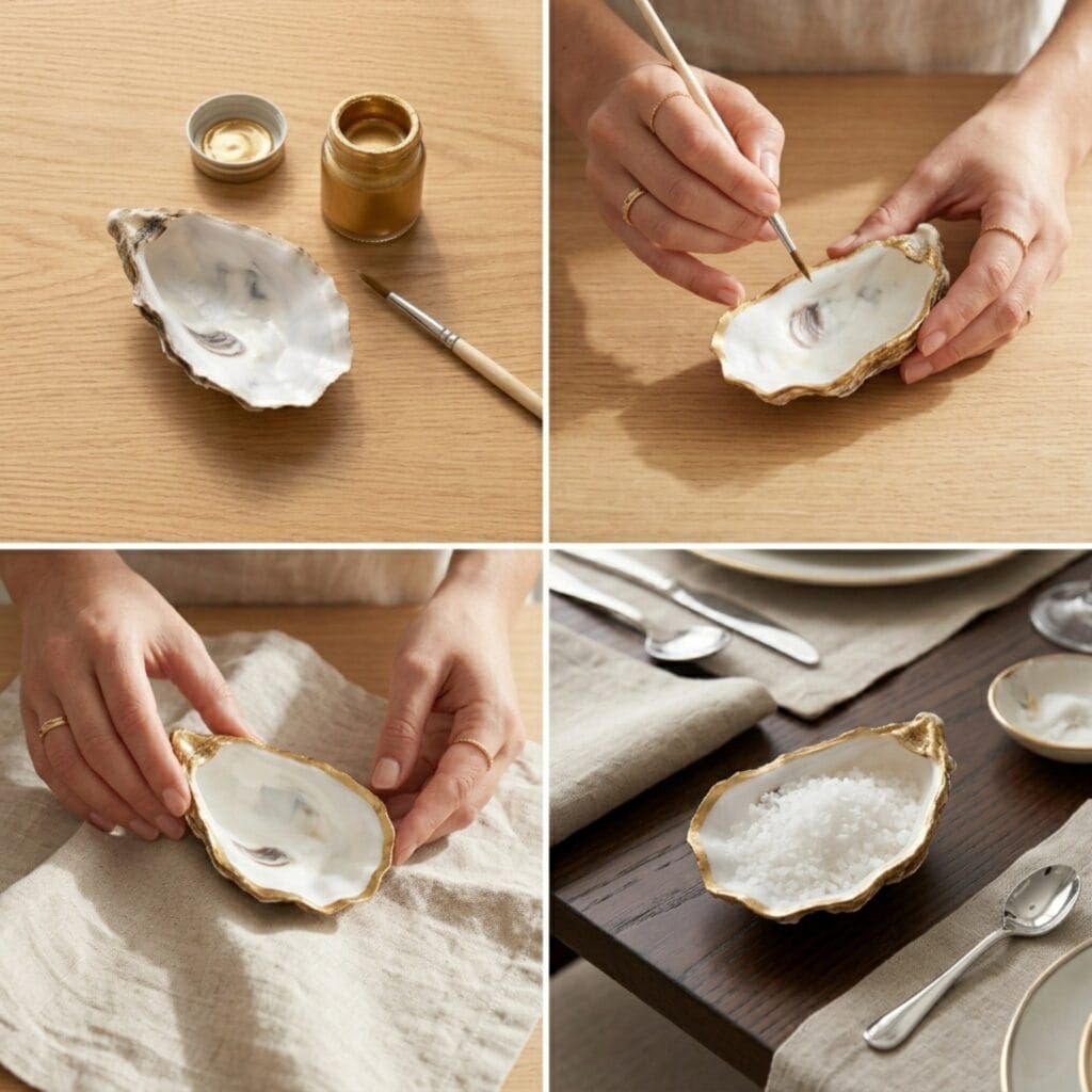 A 2x2 photo grid showing the step-by-step DIY process of painting oyster shells with liquid gold to create beautiful gilded salt cellars.