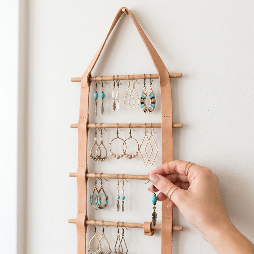Hands hooking a dangle earring onto a finished leather ribbon hanging earring holder ladder with a bohemian aesthetic.