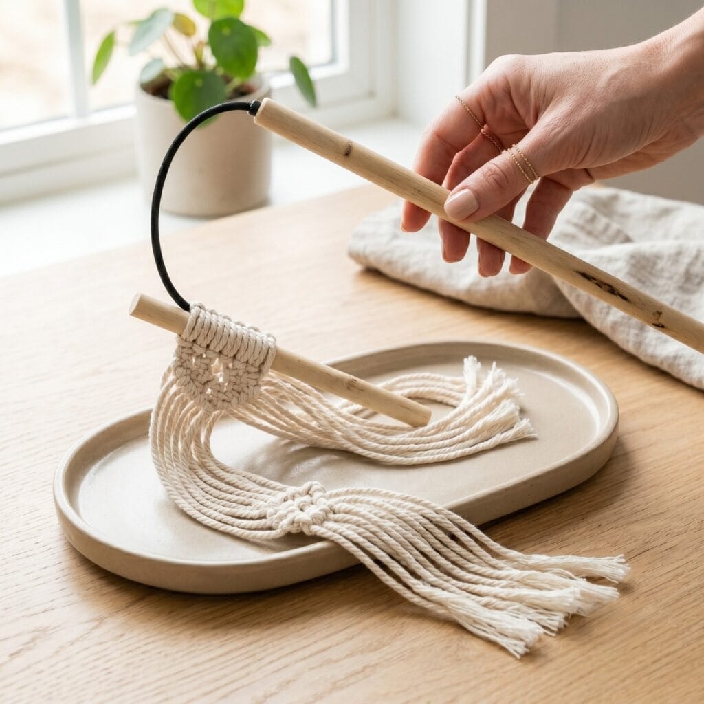 Hands lifting a finished macrame-style cotton feather cat dangler wand resting on a ceramic tray.