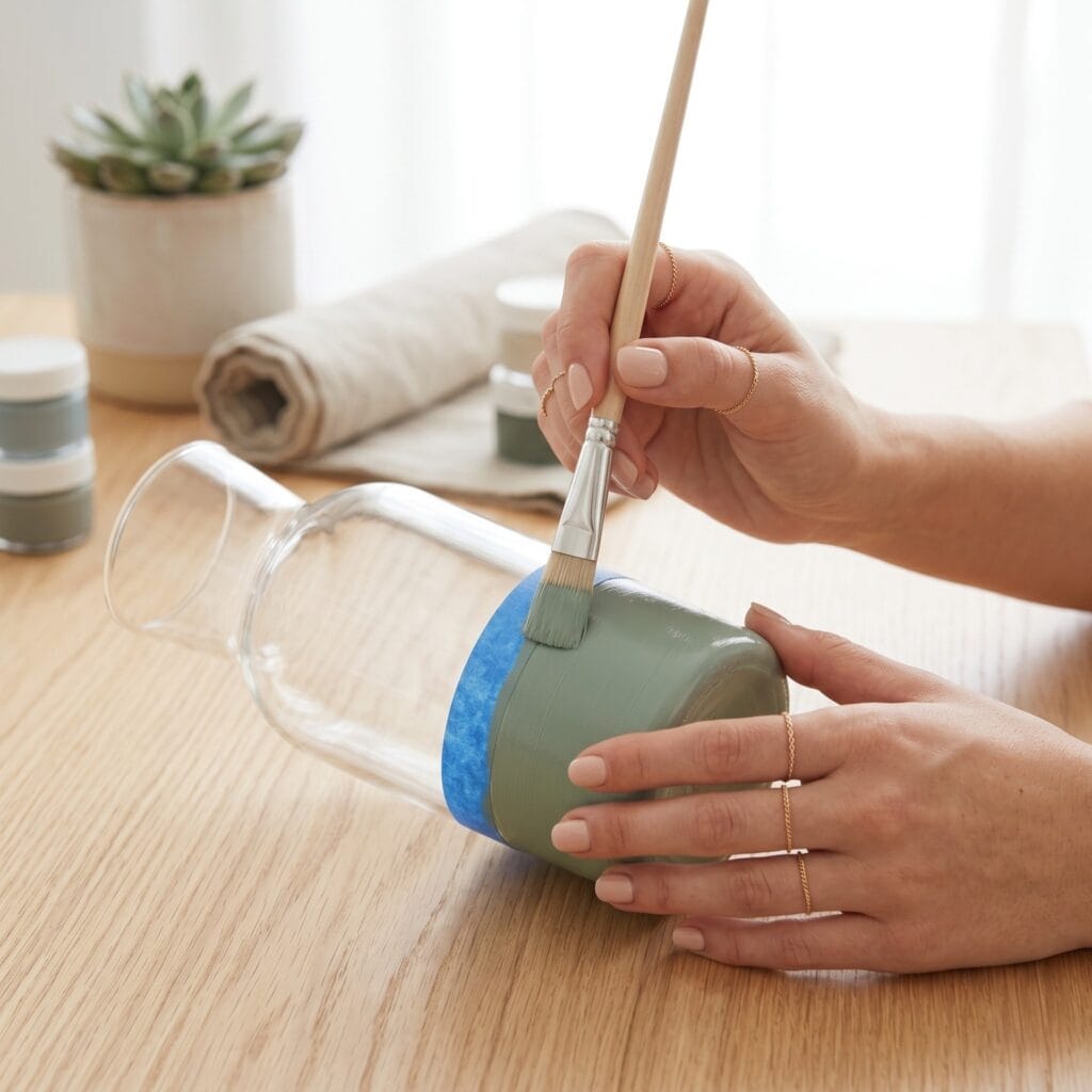 Matte sage green paint being applied to a color-blocked glass carafe as a modern DIY dining accent.