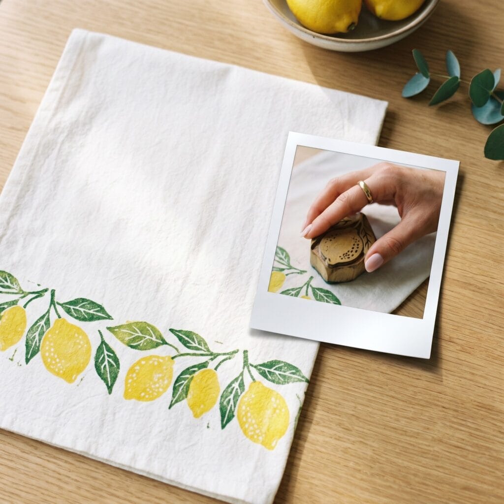 A vibrant white linen kitchen towel featuring a detailed block print border of bright yellow lemons and fresh green leaves along the bottom edge with a matching process polaroid photo beside it