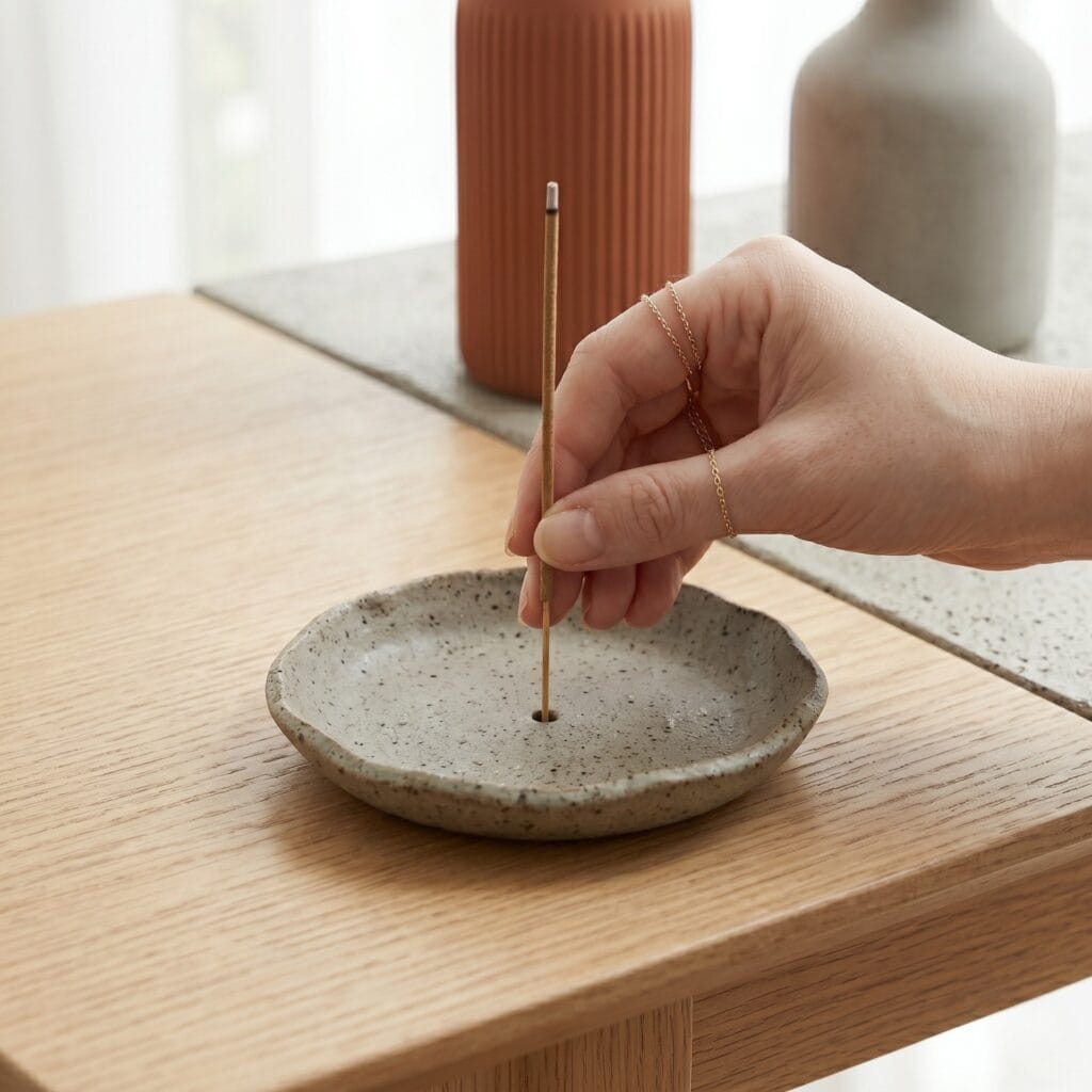 A single hand placing a single incense stick into the center of a finished, shallow gray speckled clay incense holder dish.