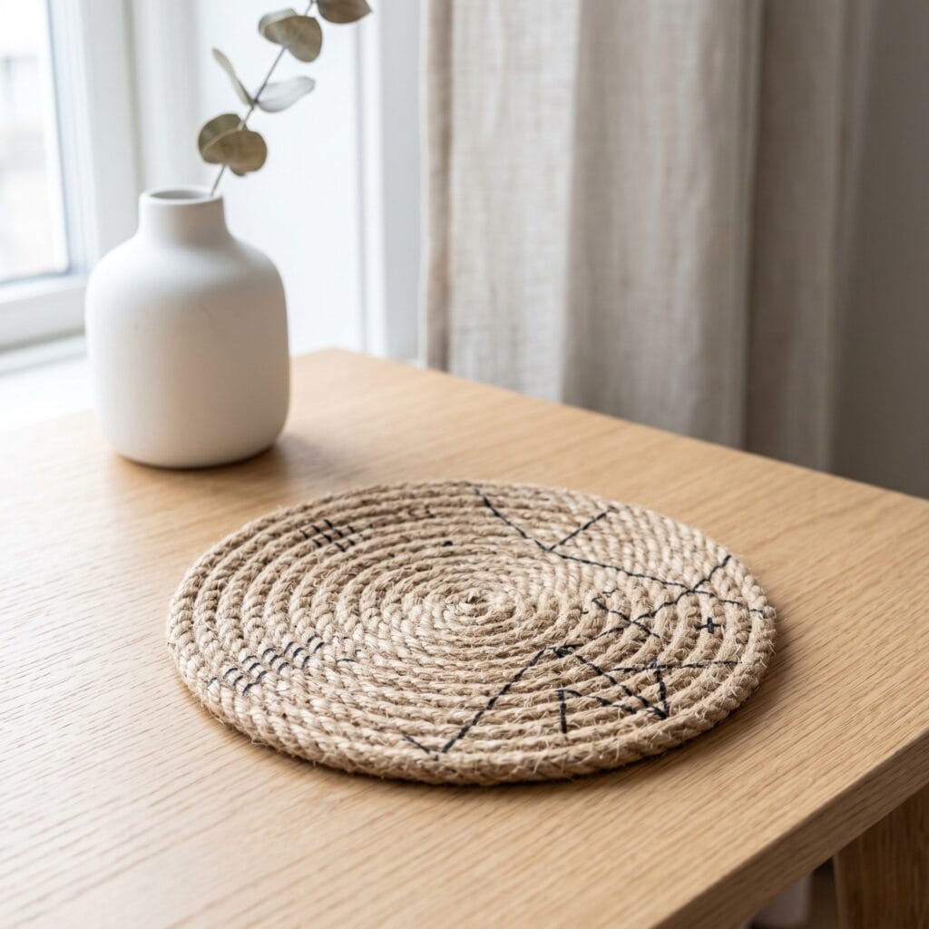 A minimalist natural jute rope coaster decorated with delicate hand painted black ink geometric symbols and sharp thin lines