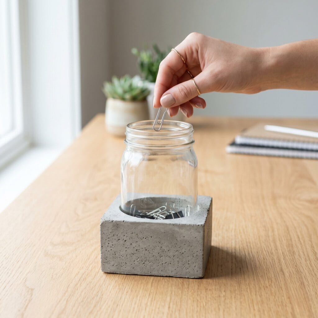 A manicured hand dropping a paperclip into a clear upcycled glass jar anchored by a raw concrete pedestal base.