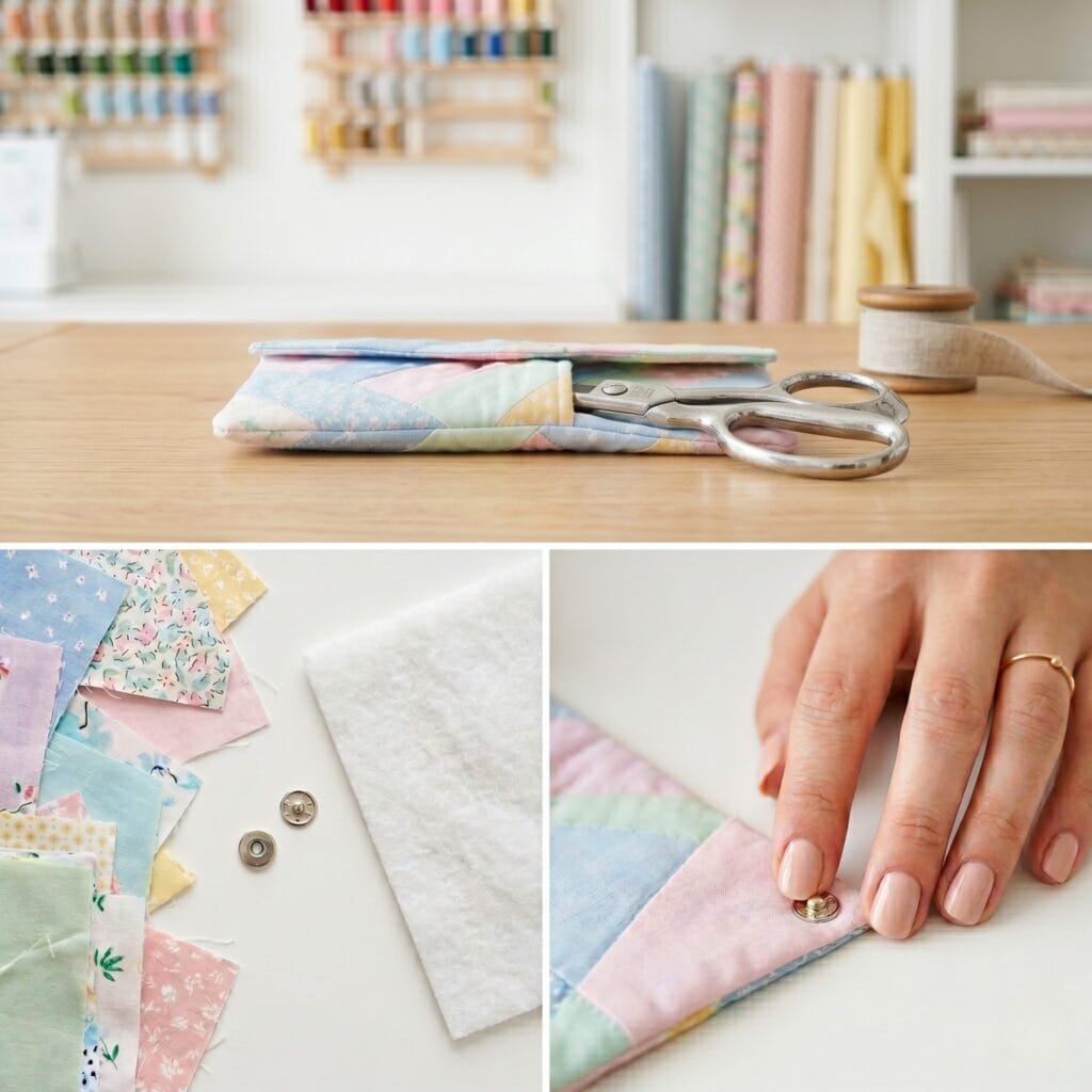 A 3-panel tailoring collage displaying pastel fabric scraps, a hand pressing a silver metal snap, and the finished asymmetrical fabric pouch lying completely flat on a wooden table while safely holding a pair of heavy tailor's shears.