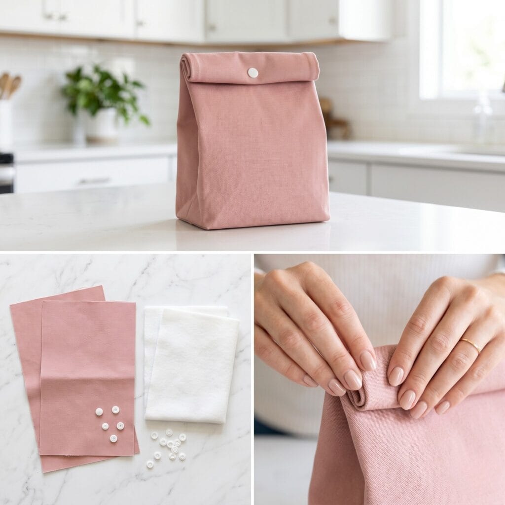 A 3-panel sewing guide detailing dusty pink cotton twill scraps and plastic Kam snaps, with an elegant hand folding down the top rim to form a crisp roll-top lunch pouch on a bright, modern white countertop.