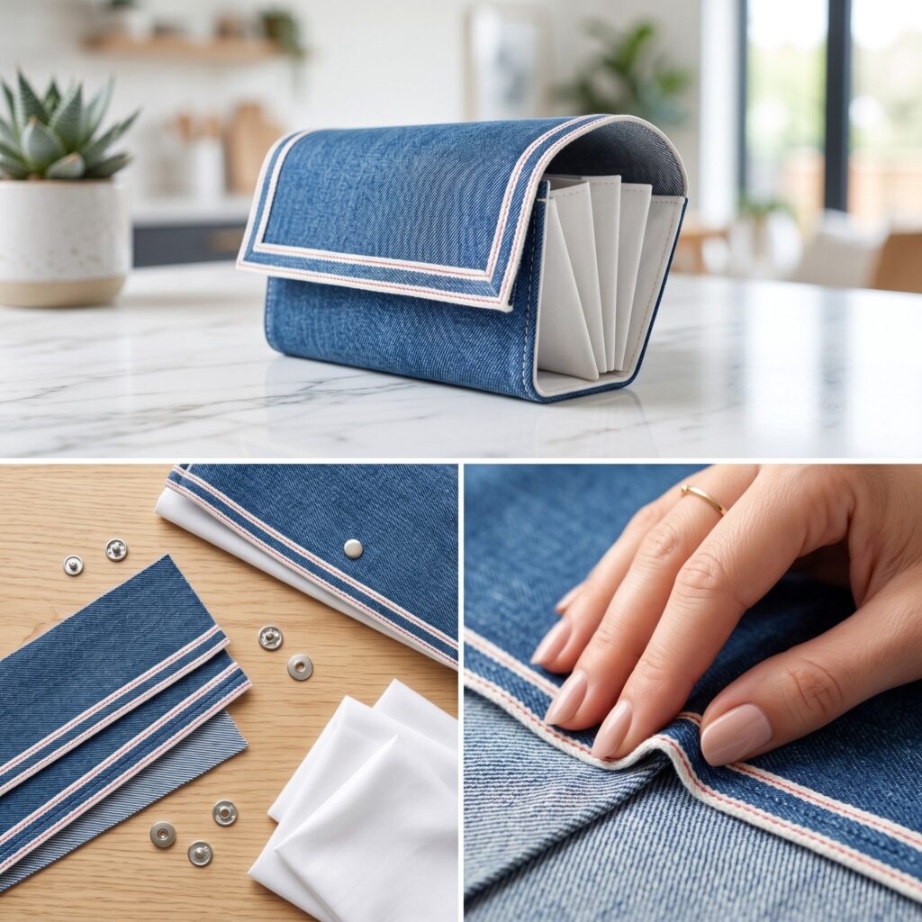 A 3-panel tailoring collage displaying blue denim strips with white and red woven selvedge edges, silver snaps, and a hand folding the material, beside the finished structured accordion cüzdan expanding nicely on a marble counter.