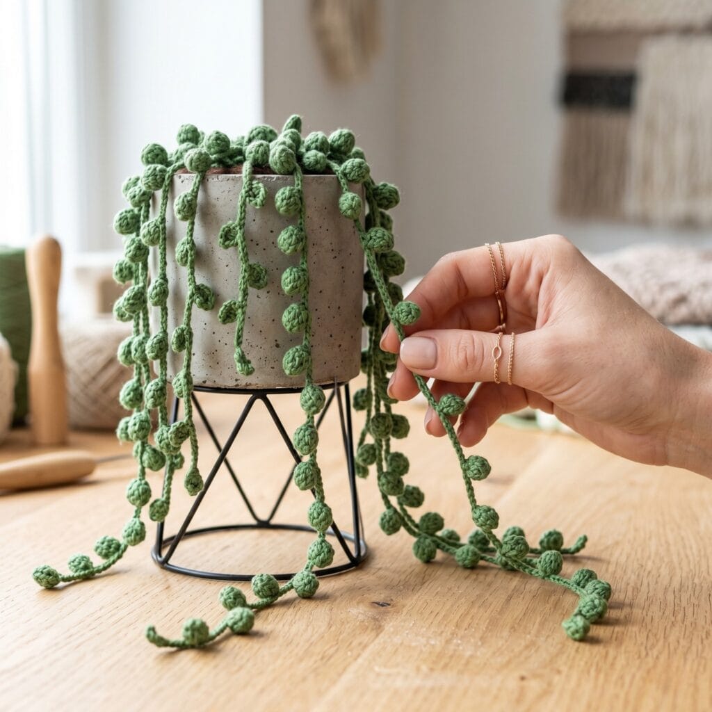 Hands gently adjusting a trailing string of pearls crochet plant cascading from a concrete pot.