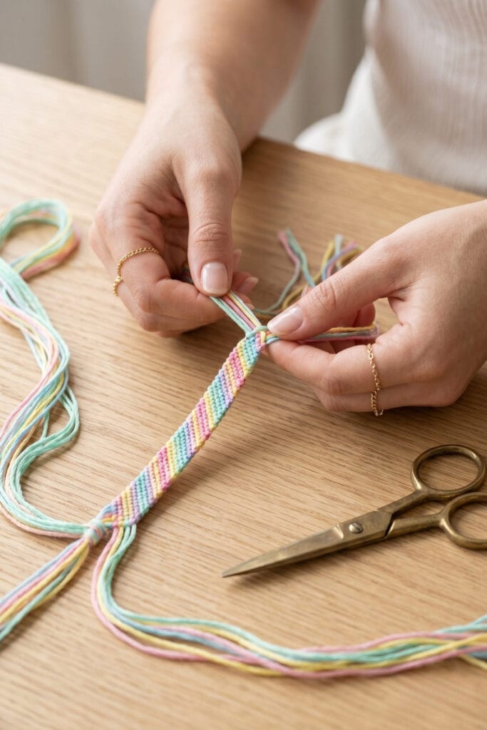 Close-up of artisan hands making a diagonal candy stripe pattern for DIY bracelets with string.