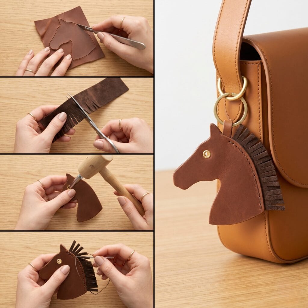 A 5-panel asymmetric collage displaying how to cut, punch a brass eyelet, and stitch a suede mane onto a leather horse profile charm.