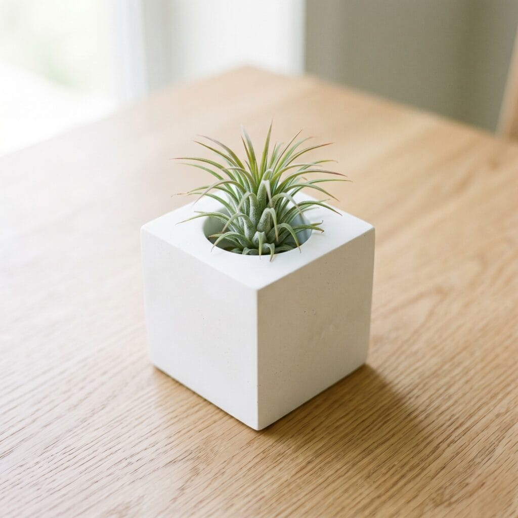 A single perfectly square photo of a small, smooth white cement cube planter with a clean hole holding a vibrant Tillandsia air plant. It rests on a light oak wood table surface under bright natural diffused sunlight. Fine art botanical aesthetic.