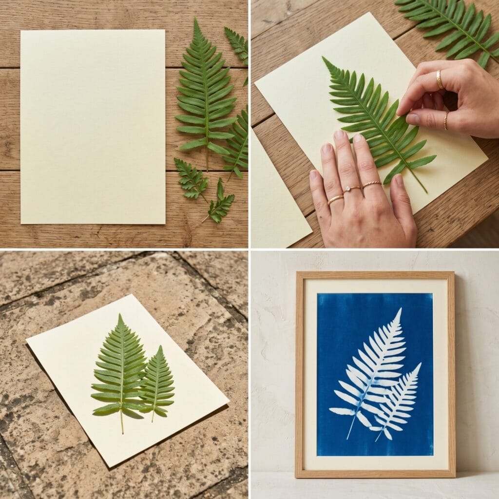 A perfectly square 1:1 photo grid tutorial showing the step-by-step DIY process of creating a blue and white cyanotype botanical art print.