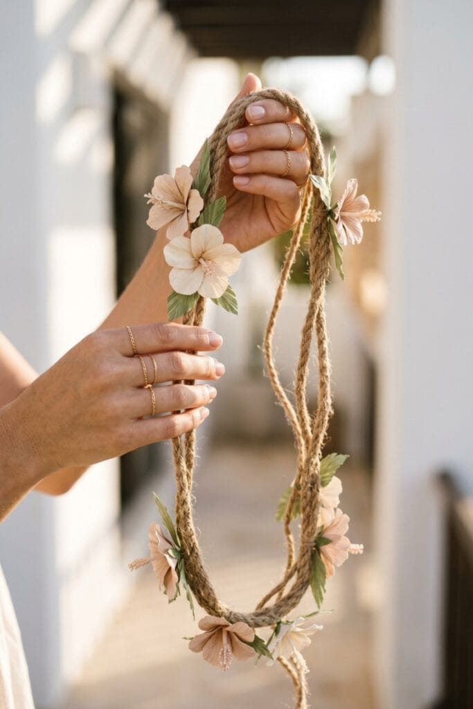 Female artisan hands arranging a finished rustic garland made of small neutral-toned paper hibiscus flowers attached to a thick natural jute rope.