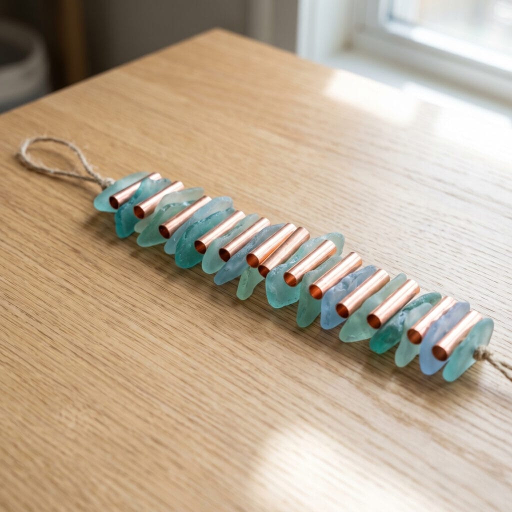 Elegant wind chime design alternating frosted sea glass shards with shiny raw copper tubing.