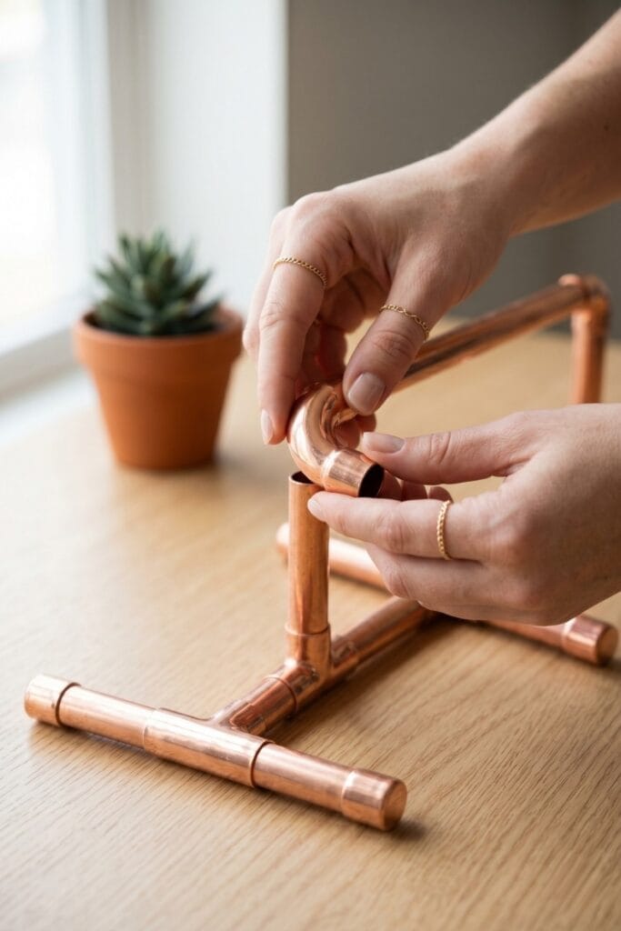 Female artisan hands assembling a modern copper pipe tablet stand for Father's Day crafts.