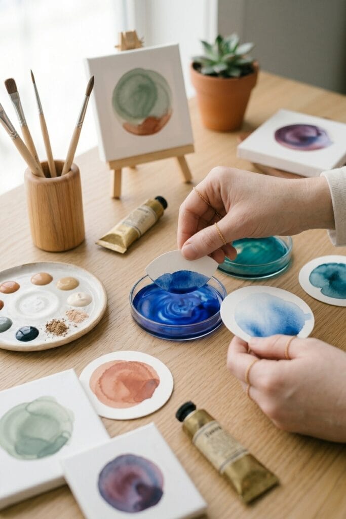 Female artisan hands holding watercolor paper circles with transparent blue washes, a fluid and easy painting for beginners watercolor technique.