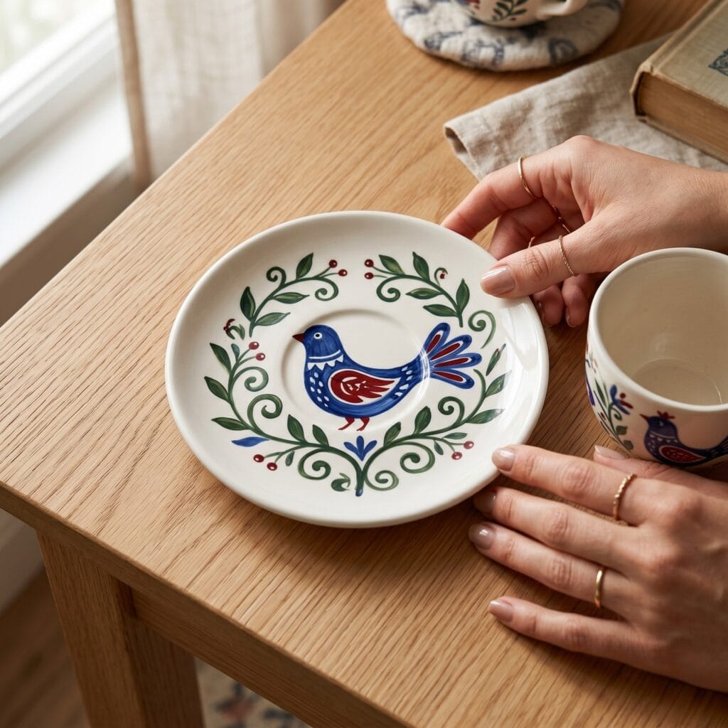 A top down view of a white ceramic saucer hand painted with a colorful symmetrical folk art bird in cobalt blue and deep red with green vines