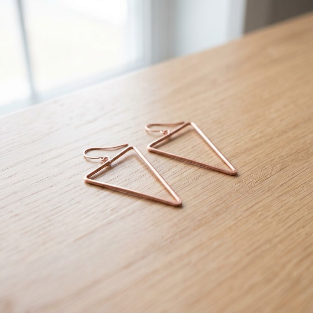 A perfectly square photo of sharp, minimalist copper wire triangle earrings resting flat on a light oak wood table surface. Soft natural diffused lighting. Clean and modern aesthetic.