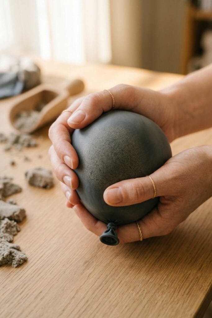 Close-up of female artisan hands holding a single completed, satisfyingly heavy sensory pouch made from a matte charcoal grey balloon filled with kinetic sand, a great stress relief tool.