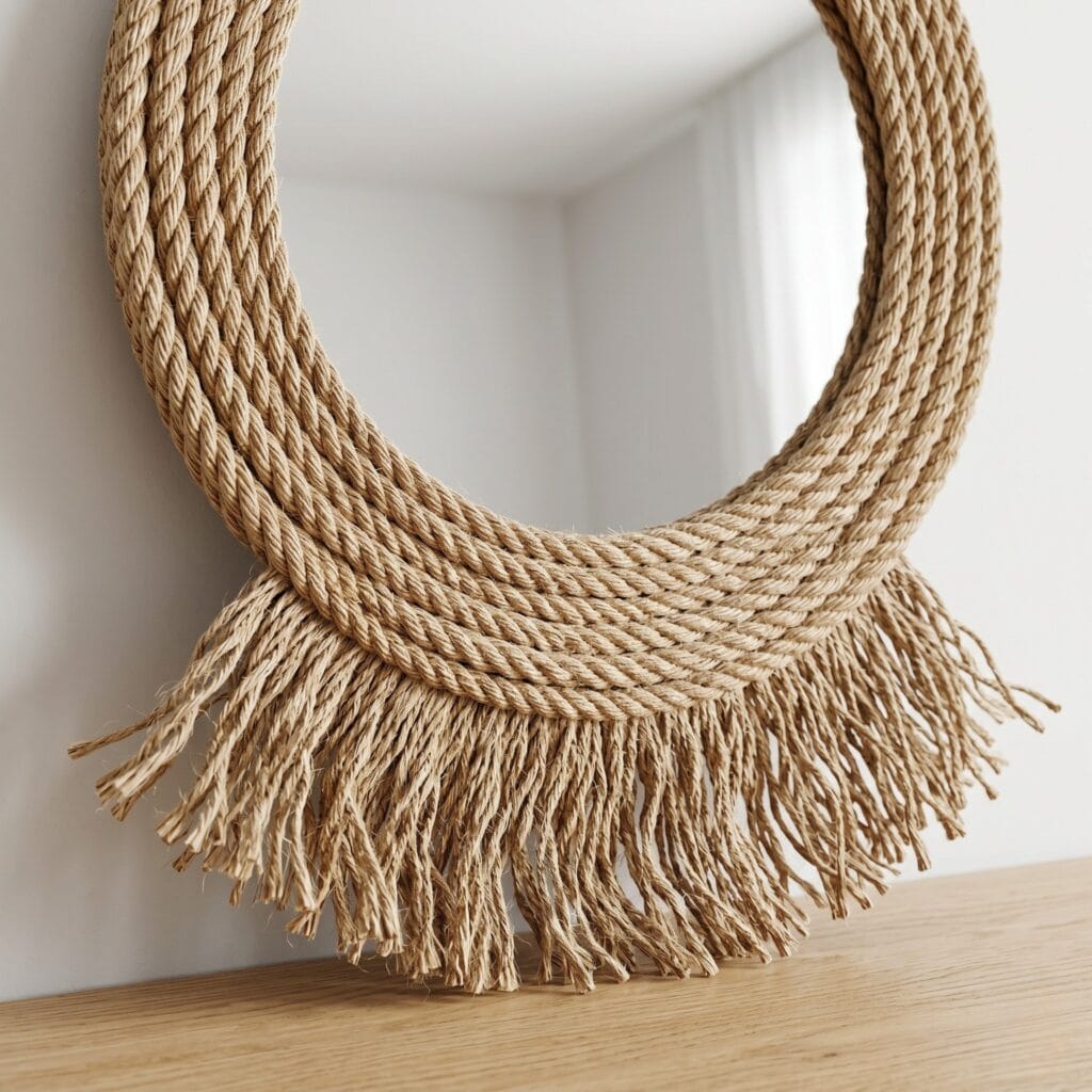 A round mirror framed with multiple layers of thick natural jute rope featuring a brushed wabi-sabi fringe.