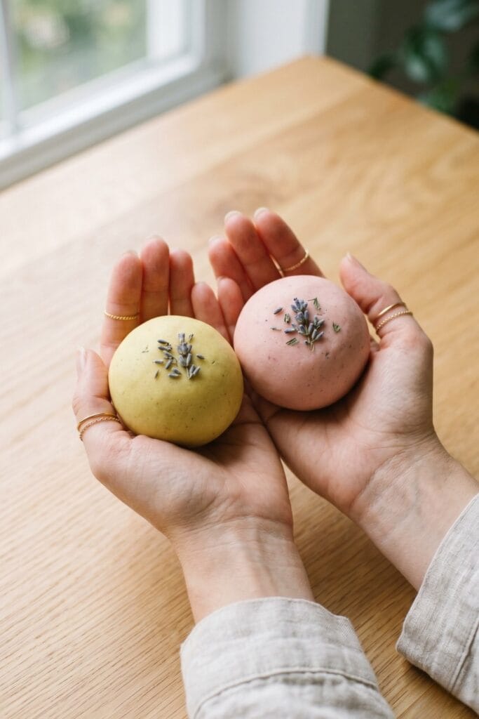 Female artisan hands holding beautifully formed balls of natural herb playdough colored with turmeric and beetroot, a sensory spring daycare crafts idea.