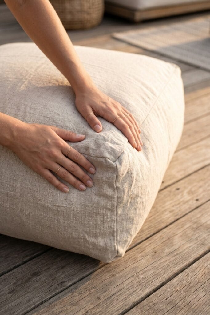 Female artisan hands pressing into a finished densely stuffed, oversized outdoor floor cushion made of raw, unbleached linen fabric.