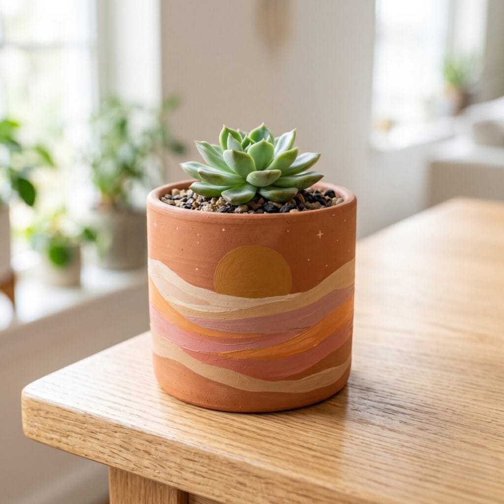 A cozy hand painted terracotta pot decorated with horizontal wavy lines and an ochre sun mimicking a desert horizon sunset.