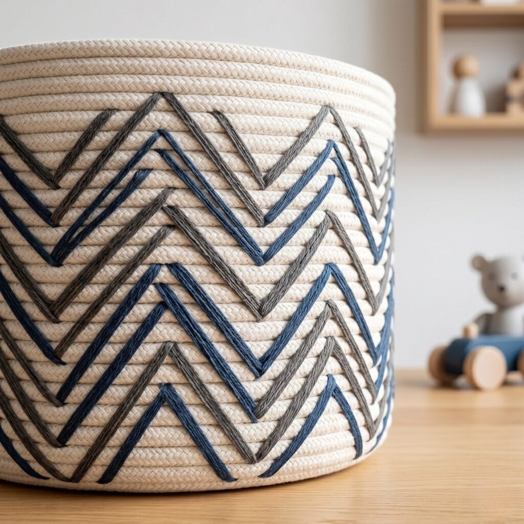 A coiled cotton rope toy bin decorated with an intricate geometric pattern of contrasting charcoal and blue chevron stitches.